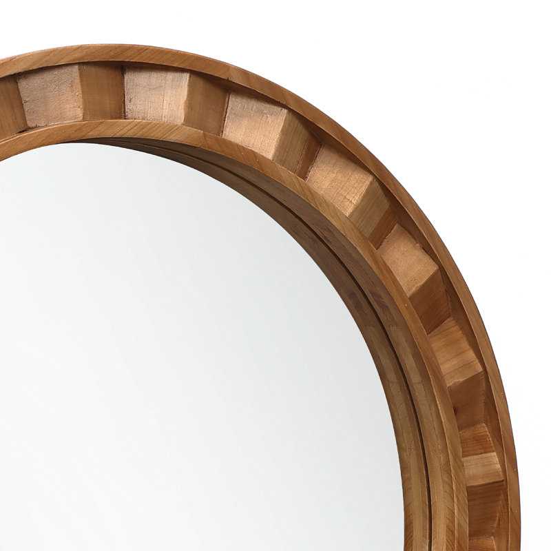 Natural Wood Frame Round Wall Mirror, 28” Rustic Wooden Decor