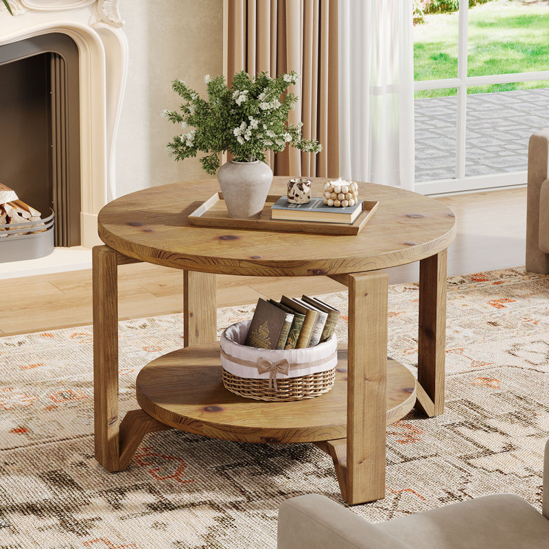 Table basse ronde de 30 po en bois massif avec rangement à 2 niveaux