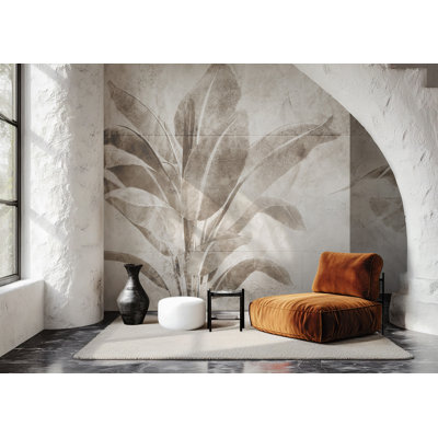 Beige Tropical Leaf Wall Mural | Neutral Oversized Botanical Peel and Stick Wallpaper | Bathroom Living Room Removable Wall Décor