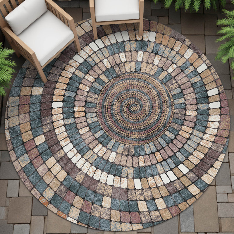 Machine Washable Indoor/Outdoor Husby ACN2216 Geometric Rug, Round 8'