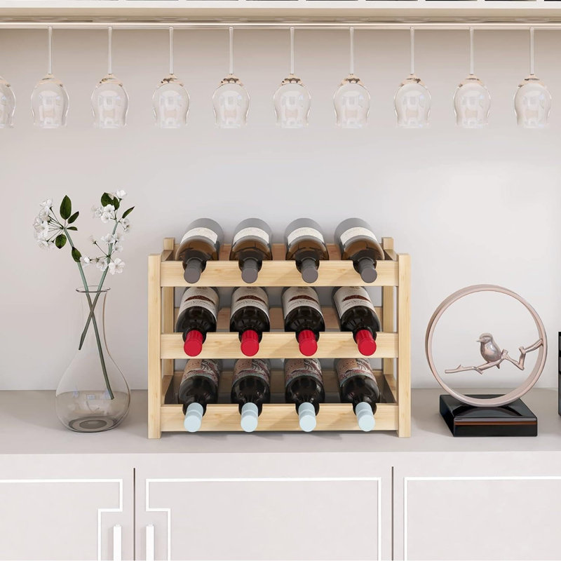 MantraRaj 3 Tier Stylish Wooden Wine Rack Holder Free Standing Wine Bottles Can Fit Up To 12 Bottle, Cream
