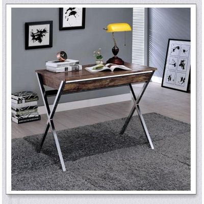 Rectangular Writing Desk with 2 Drawers, Weathered Oak Top, and Chrome X-Legs for Modern Home Office