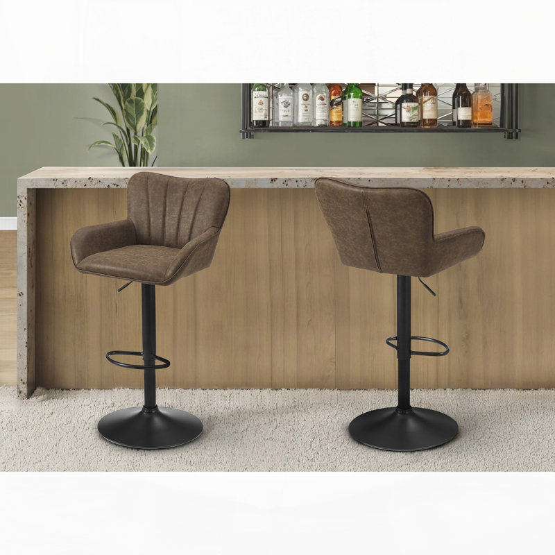 Tabouret de bar moderne, ensemble de 2, pivotant, réglable, hauteur de bar, hauteur de comptoir, aspect cuir brun, métal noir