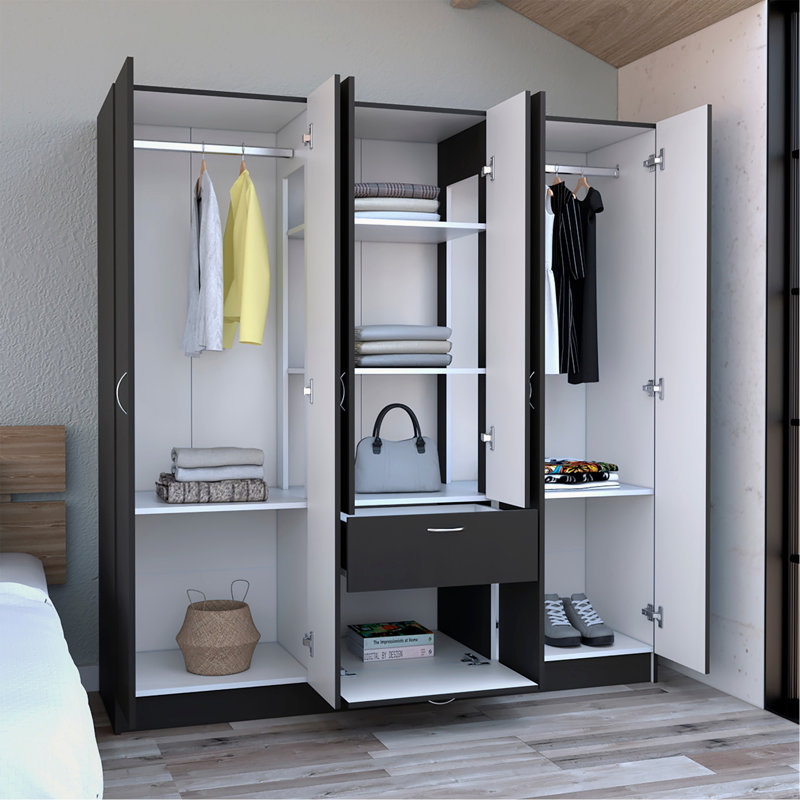 Armoire 6 portes, un tiroir, une tringle, sept tablettes intérieures, wengé noir / blanc - chambre à coucher