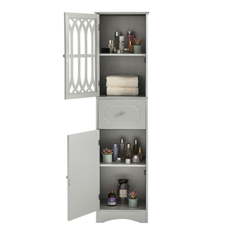 Rangement pour salle de bain à planche - Armoire autoportante grise avec tiroir, portes et tablettes réglables