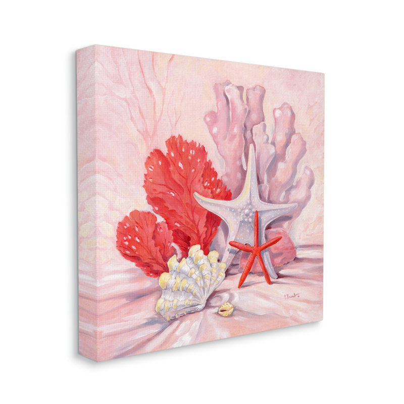«Pink Shells Coral Still Life» par Paul Brent - peinture sur toile tendue, H 17 po x l 17 po x P 1,5 po