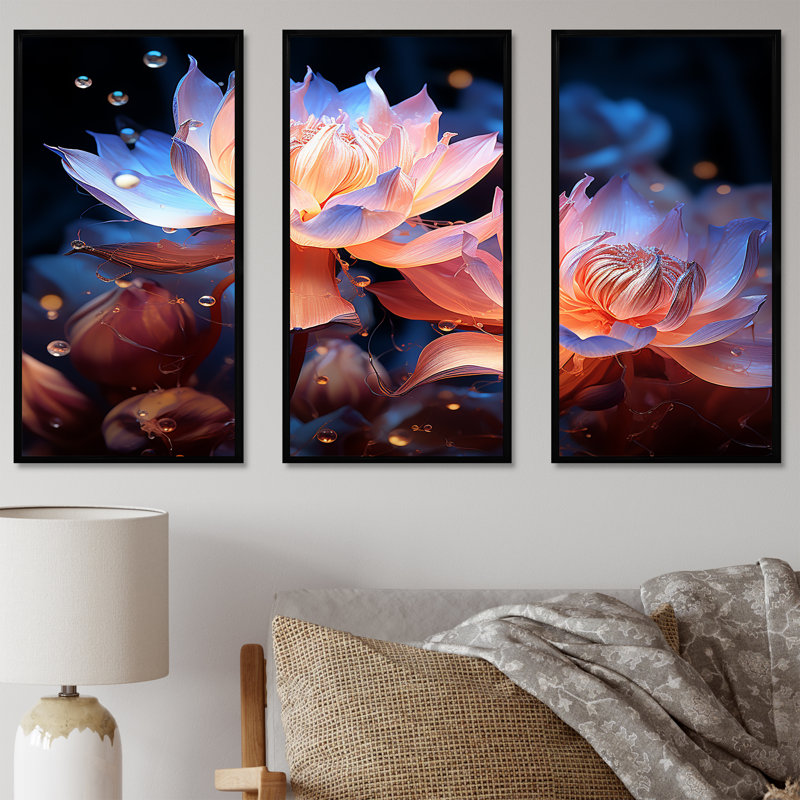 «Beautiful Rainy Lotus Dance IV - Lotus», reproduction d'art murale, Cadre flottant noir, H 32 po x l 48 po x P 1 po