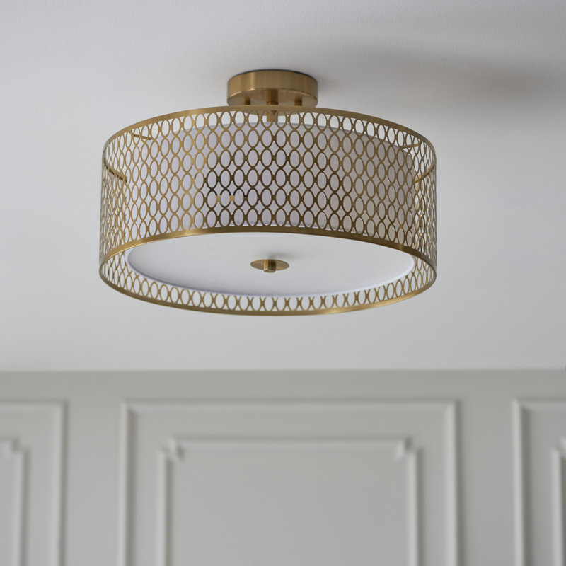 Erika Glass and Steel Semi Flush Mount, Gold Effect/White Fabric/Frosted Glass