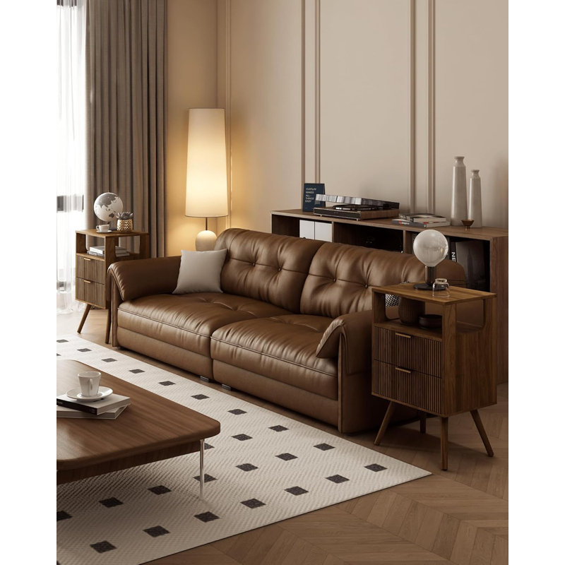 Table de chevet moderne avec 2 tiroirs de rangement et tablette ouverte, table de chevet compacte avec pieds en bois massif pour la chambre à coucher et les petits espaces