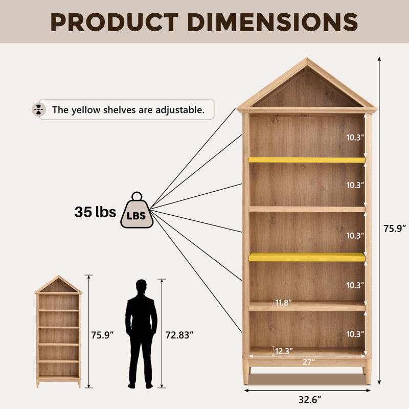 Angled Arch Bathroom Cabinet, 5 Tiers Geometric Cabinet with Storage, Modern Triangular Top Angled Arch with Adjustable Shelves, Wood Cabinet w/Open Display Shelves