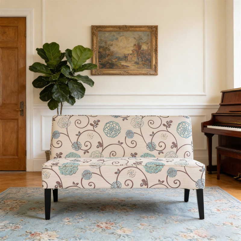 Causeuse rembourrée 50 po, Motif floral bleu/blanc