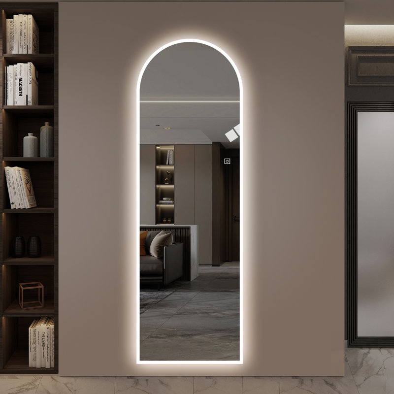 LED Full Length Wall Mirror With Symmetrical Arch Design, Frosted Glass Border, And Dimmable 3 Color Temperature Lighting