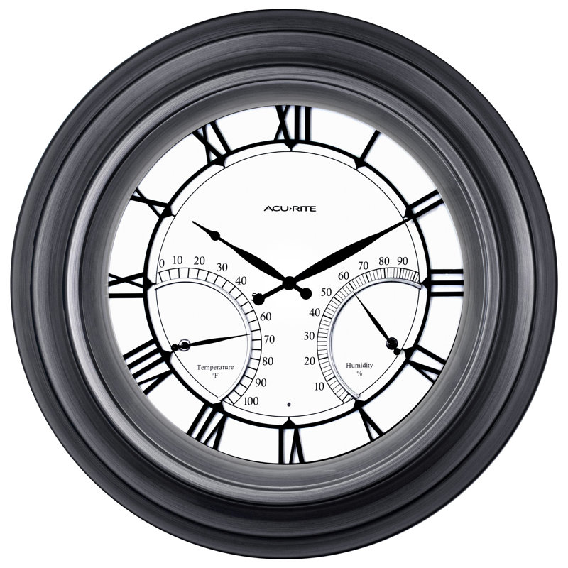 Horloge murale d'extérieur lumineuse 24 pouces avec thermomètre / capteur d'humidité AcuRite, chiffres romains, cadre en métal et lentille en verre (75026M)