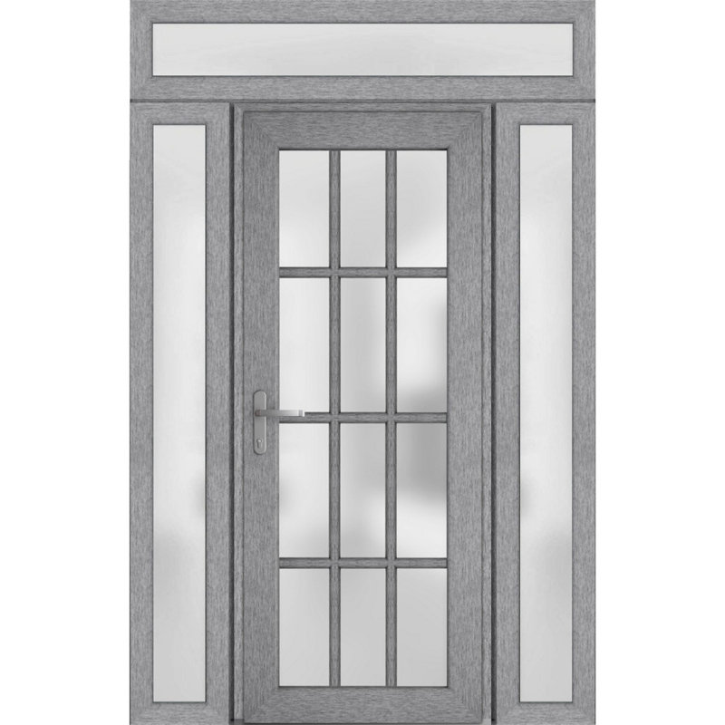 Front Exterior Prehung uPVC Metal-Plastic Door Frosted Glass Manux 8312 Grey Ash 2 Side and Top Exterior Window Office Commercial and Residential Doors Entrance Patio Garage-W12+36+12 x H80+14-Right-hand Inswing