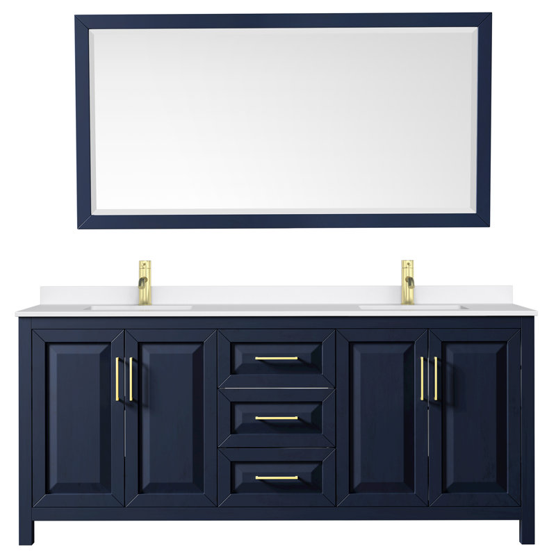 Daria 80 in. with Mirror Vanity, White Quartz, Blue, Brushed Gold