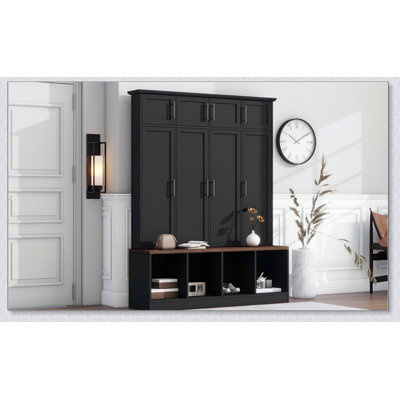 Versatile Hall Tree with 4 Hanging Hooks, Wood Grain Bench, and Multiple Storage Compartments for Entryway Organization