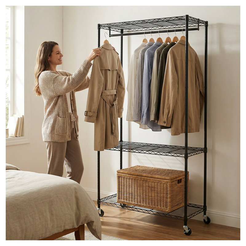 Heavy Duty Rolling Clothes Rack, Freestanding Garment Rack with 3-Tier Shelves, Sturdy Iron Closet Organizer with Lockable Wheels for Bedroom, Laundry Room Storage, Black