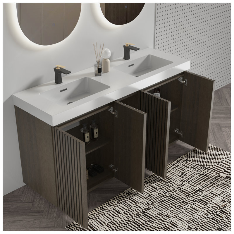 Meuble-lavabo autoportant en chêne fumé GALAN60F, White/Oak/Smoke