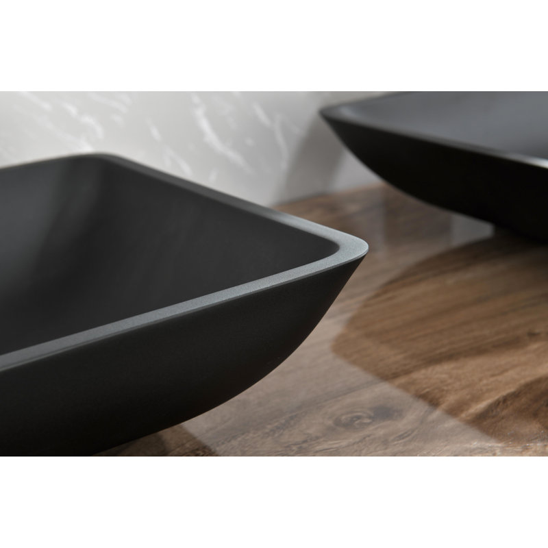 Rectangular Vessel Bathroom Sink In Matte Black. 22" X 14" 4". Glass Material. Faucet And Pop-Up Drain. Rust Corrosion Black With Glass. Classic Elegant Design. To