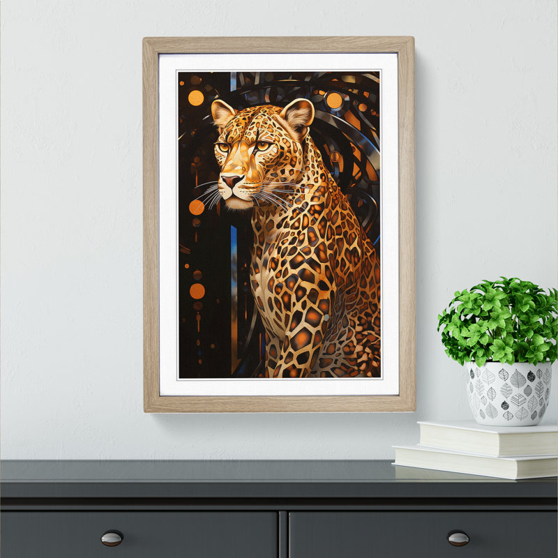 Leopard Art Deco - Single Picture Frame Print on Wood, 64cm H x 46cm W x 2cm D, Oak Framed