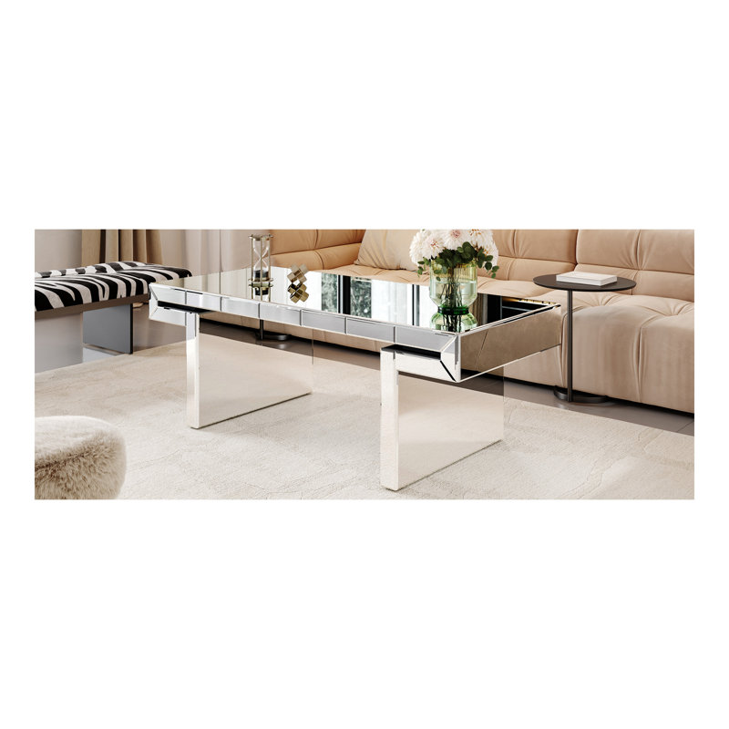 47 Inches Luxury Rectangular Mirror Coffee Table With Fluted Tempered Glass, Modern Sofa Side Table, Easy 2-Step Assembly, Light Luxury Style, Reinforced Packaging