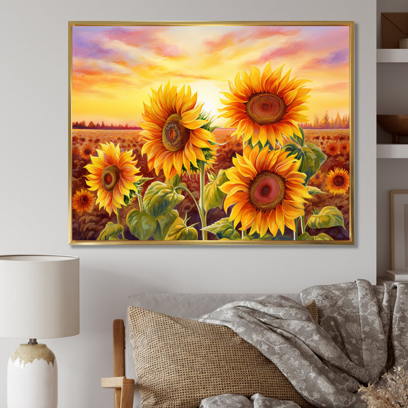 «Burning Sunset Sunflowers Field» sur toile, H 34 po x l 44 po x P 1,5 po, Cadre flottant doré