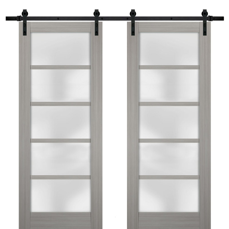 Grey Ash Solid Core 5-Panel Barn Door Kit with Frosted Glass