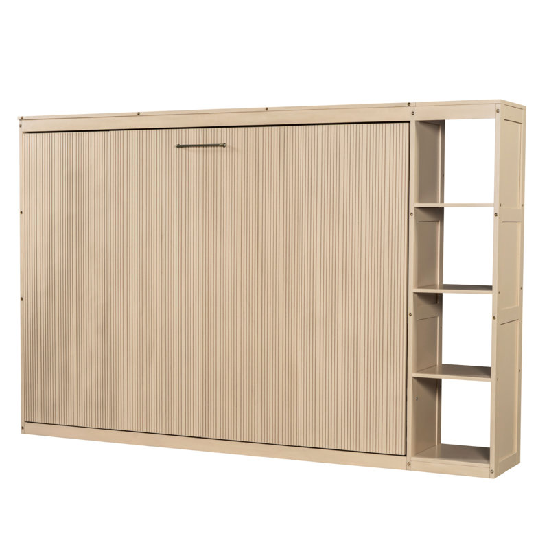 Lit double naturel avec bibliothèque et construction, pliable pour économiser de l'espace à la maison, rangement, support de matelas à lattes de bois, facile à assembler avec une construction pratique, -