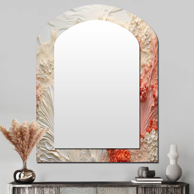 Pink And White Coastal Coral Collage V - Corals Arch Decorative Mirror, Cream Asymmetrical Wall Mirror, Printed Metal Art