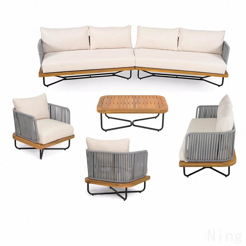 Ensemble de conversation d'extérieur en bois d'acacia tissé 8 places, beige