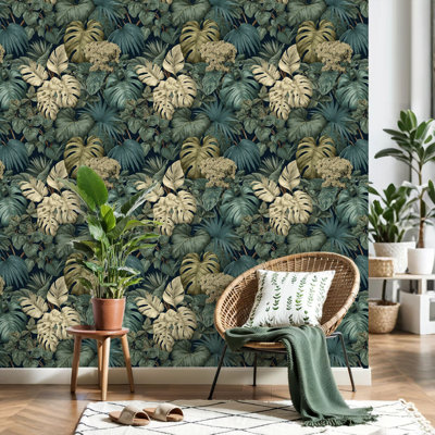 Peel and Stick Wallpaper Tropical Jungle Green Beige Leaves Exotic Botanical Contact Paper Removable Self Adhesive Wall Mural Wall Decor for Bedroom Kitchen Cabinets 24in x 118in