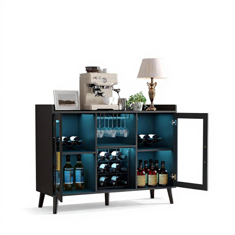 Modern Wine Bar Cabinet with LED Lighting, Glass Doors, Wine Racks, Glass Holders & Wood Coffee Bar Station, Black