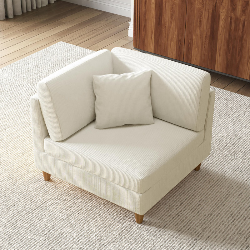 Upholstered Beige Corduroy Armchair with Pillow Back, One Arm Single Chair Module Part For Sectional Sofa, Beige Corduroy