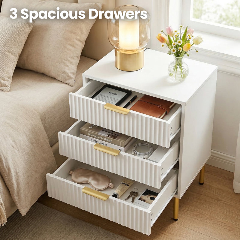 Modern 3-Drawer Fluted Nightstand with Gold Metal Legs, Individual, White