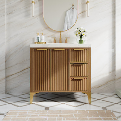 Meuble-lavabo autoportant en bois de noyer massif de 36 po x H 35 po avec comptoir en quartz Calacatta, structure et cadre en acier inoxydable doré 
Évier simple encastré en céramique