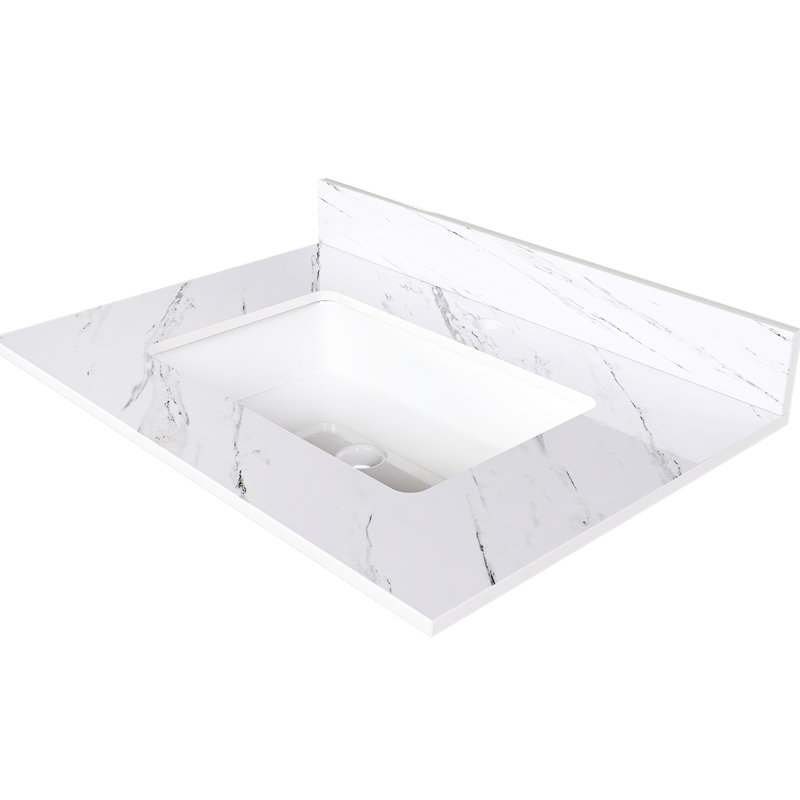 Dessus de meuble-lavabo blanc semblable au marbre 31 po - Pierre frittée de salle de bain avec lavabo rectangulaire, dosseret de 4 po, trous de robinet pré-percés impeccables et élégant encastré pratique