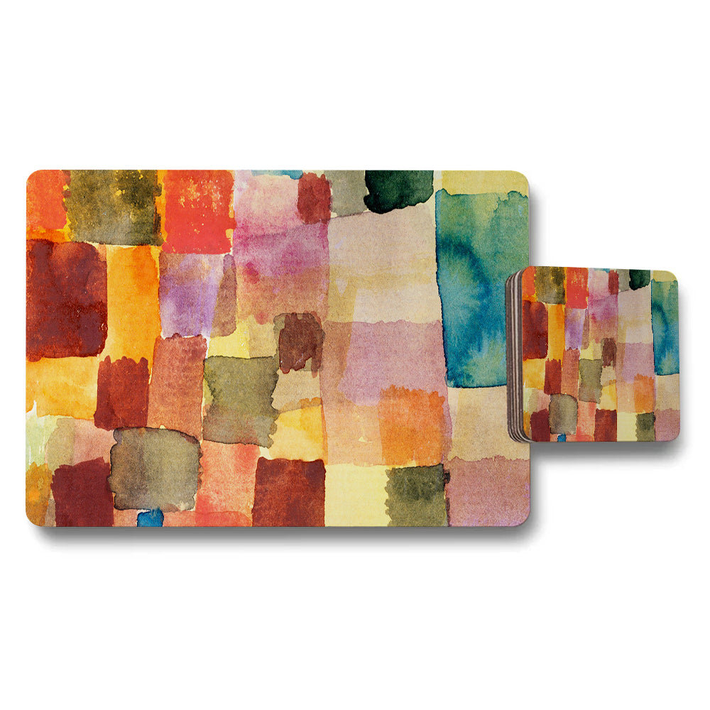 Abstract Color Block Placemat And Coaster Set With Watercolor Squares