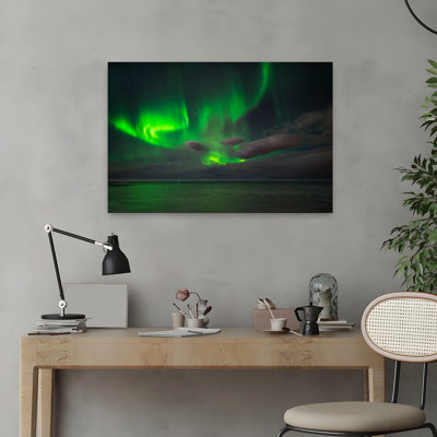 Aurora Borealis Or Northern Lights Reykjavik Iceland Colorful Dramatic Peaceful Nature Ocean Art