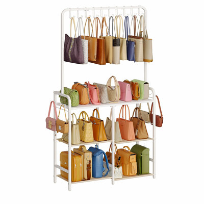 Large Capacity 3-Tier Purse Organizer for Closet, Double-Row Rack, 16 Hooks | 10 Top Hooks, 6 Side Hooks: Three shelves hold at least seven handbags per tier; the 11.5-inch depth fits narrow spaces