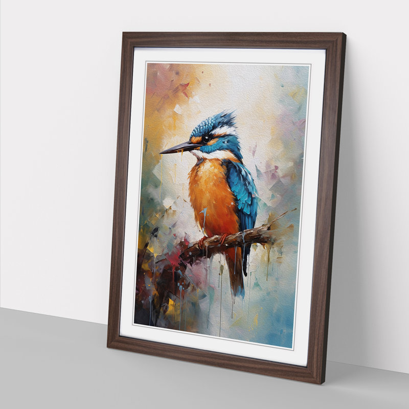 Kingfisher Impressionism - Single Picture Frame Print on Wood, Walnut Framed, 34cm H x 25cm W x 2cm D