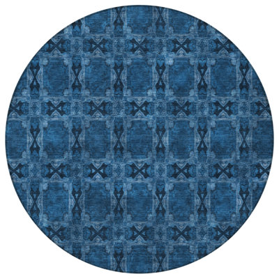 8' Round Navy and Gray Round Floral Medallion Washable Non Skid Indoor Outdoor Area Rug
