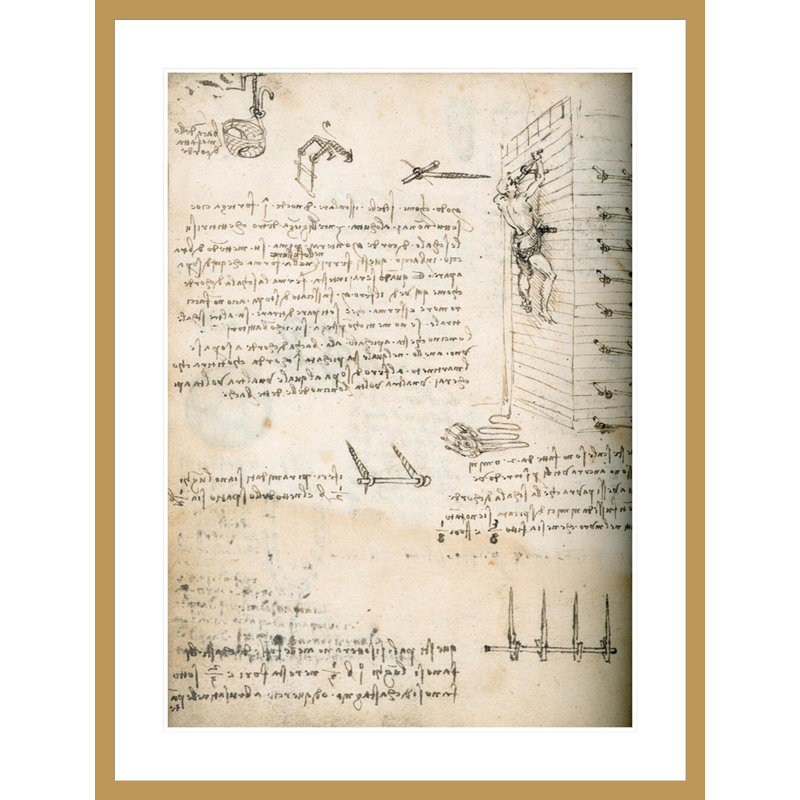 Cahier, dessin de grappins par Leonardo Da Vinci - impression giclée encadrée, H 41,5 po x l 31,59 po