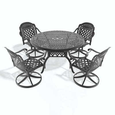 Ensemble de salle à manger 5 pièces en aluminium coulé résistant aux intempéries, comprenant 4 chaises pivotantes et une table ronde avec cadre