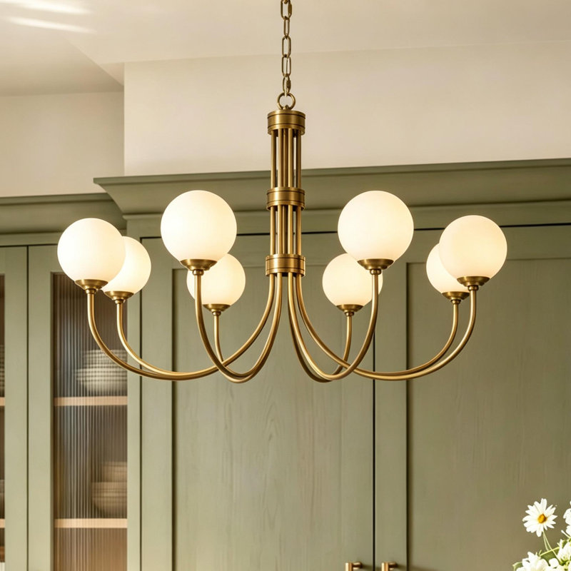 Lustre 6/8 lumières avec abat-jour en verre opale Stetler, H 22,8 po x l 33,4 po x P 33,4 po, 8 lumières