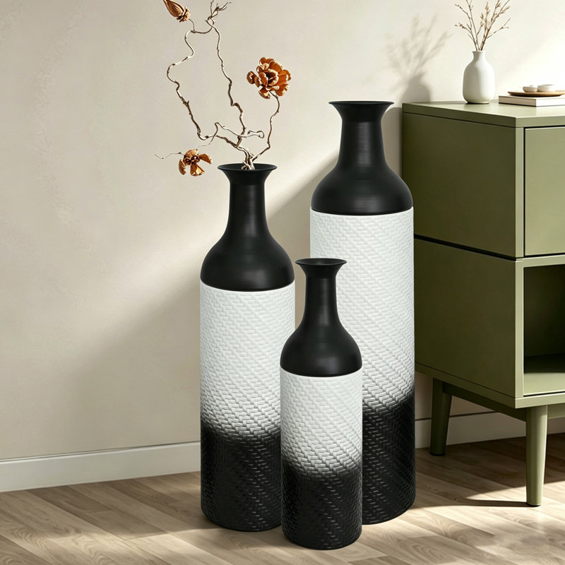 Ensemble de 3 vases décoratifs en métal (motif feuille noire)