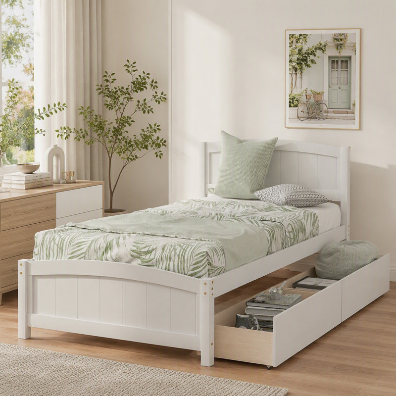 Lit plateforme simple avec deux tiroirs, blanc