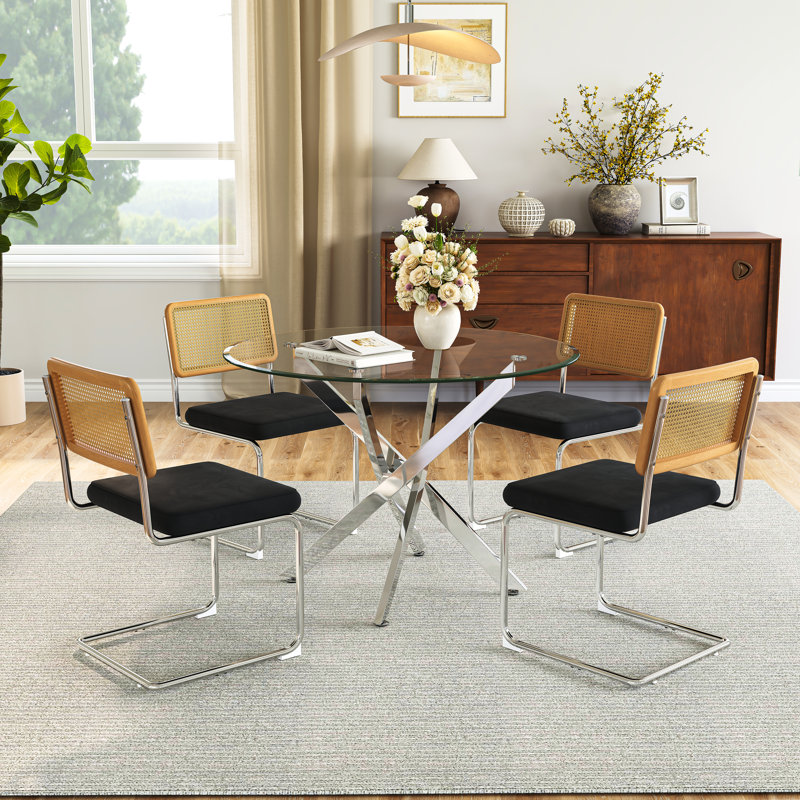 5-Piece Round Glass Dining Set, 36" Tempered Glass Top With Mirror Stainless Steel Base, 2 C-Frame Rattan Chairs, Black