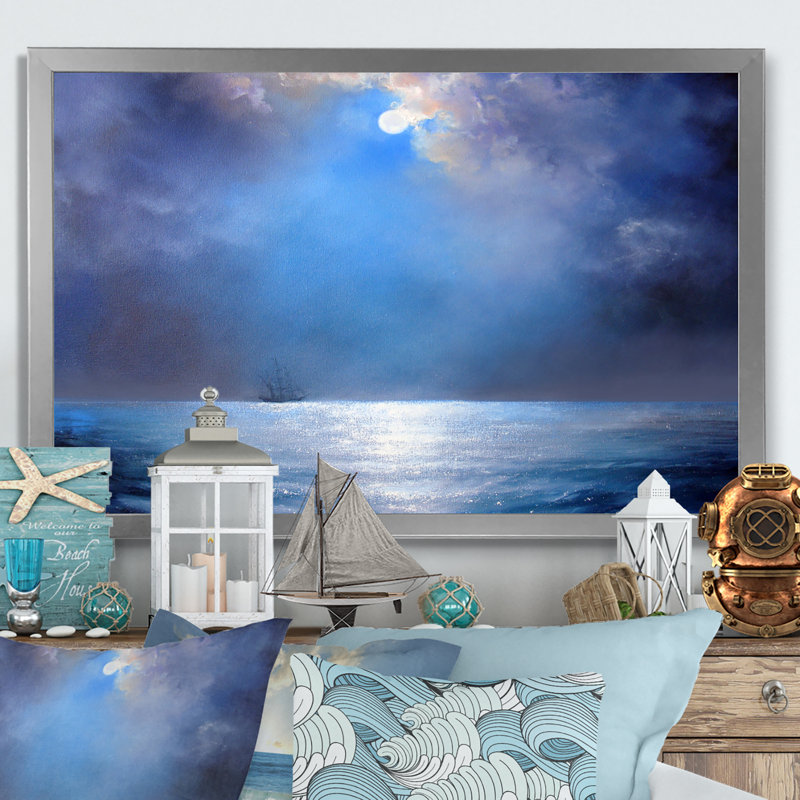 " Seascape Moonlit Night ", 16" H x 32" W x 0.1" D, Silver Picture Framed Canvas