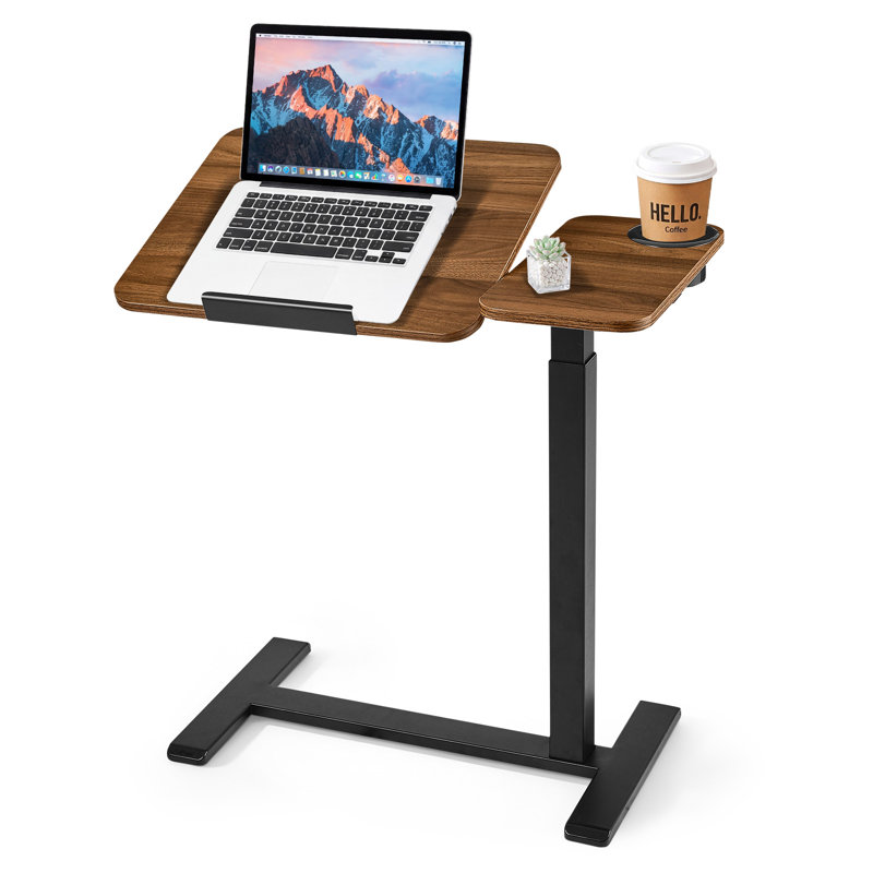 Table de lit mobile 70 cm (L) x 40 cm (P) avec roulettes dissimulées, idéale pour le lit, le canapé ou le bureau à domicile. Support réglable en hauteur pour ordinateur portable, chariot avec plateau inclinable et porte-gobelet, marron.