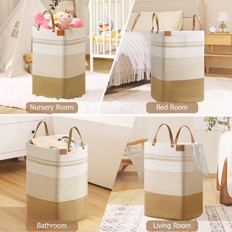 Large Laundry Hamper – 75L Tall Woven Cotton Storage Basket With Leather Handles, Slim Dirty Clothes Hamper, Decorative Storage Basket